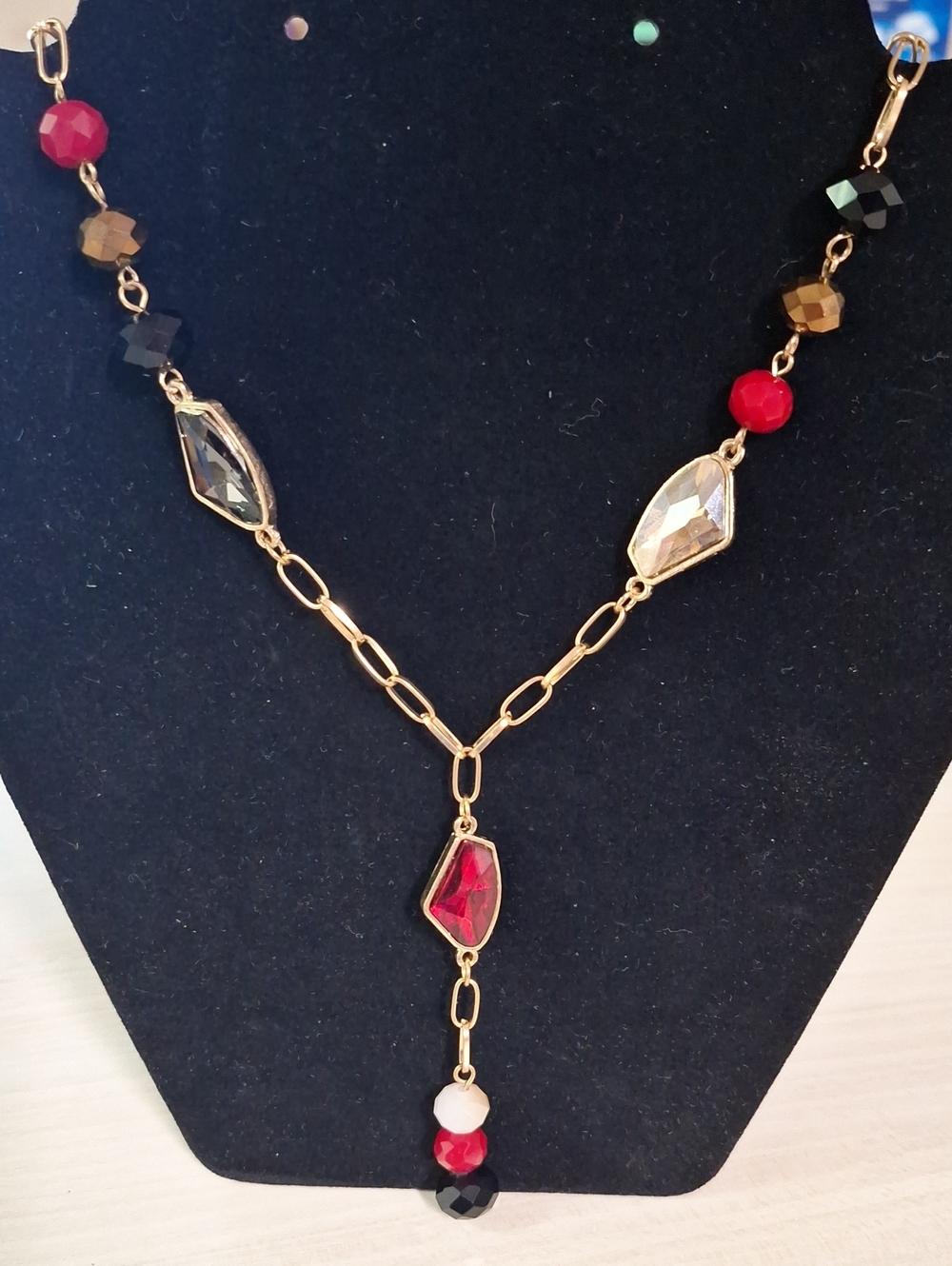 Gold-tone Chain Y-necklace Featuring Multi-colored Beads In Red, Black, Brown
